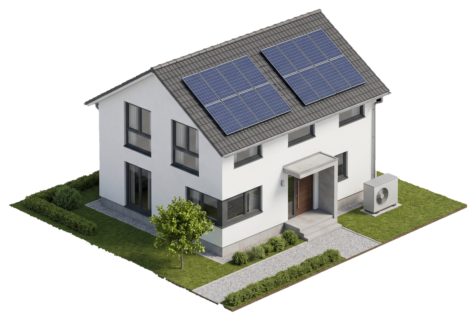 Isometrisches 3D-Haus mit Solaranlage und Wärmepumpe